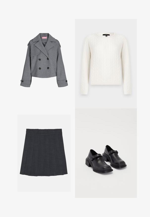 Pelēka, krošu dubulto jaku no strukturēta auduma. Iekļauj lielas melnas pogas, izliektas atlokus un pogu aproces. Iekšpuse ar oderi.; Balts adīts džemperis ar garām piedurknēm, apaļu kaklu un dekoratīvu pērļu akcentu pie apkakles. Mīksta tekstūra un pieguloša fasona.; Tumši pelēks plisēts svārki ar elastīgu jostu, ar teksturētu audumu un klasisku A formas siluetu. Piemēroti ikdienas valkāšanai.; Melnas ādas kurpes ar noapaļotu purngalu, plakanu zoli un siksniņu ar sprādzi. Masīvs bloku papēdis papildu stabilitātei.