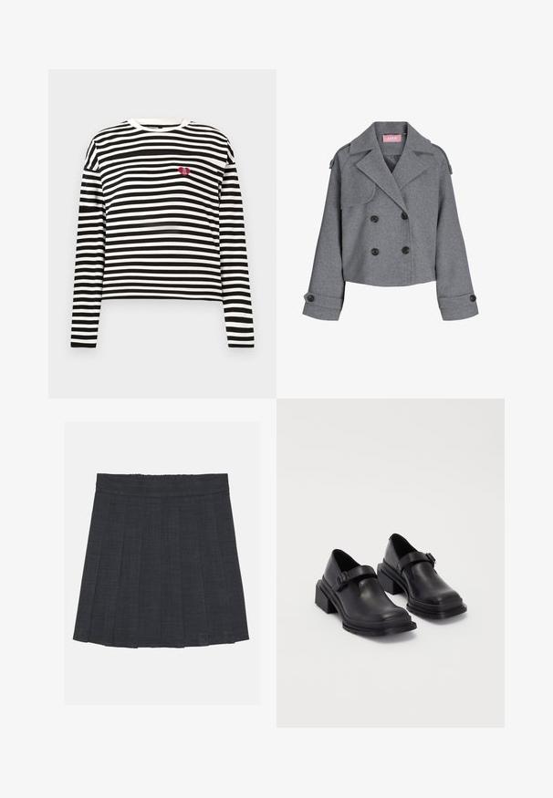 Siva, skraćena jakna s dvostrukim kopčanjem od teksturirane tkanine. Ima velike crne gumbe, šiljate reveri i manžete sa zakopčavanjem. Obložena unutrašnjost.; Crna i bijela prugasta majica dugih rukava s malim crvenim srcem koje ima natpis "The VIP Club" na lijevoj strani prsnog koša.; Tamno siva plisirana suknja s elastičnom pasicom, s teksturiranim materijalom i klasičnim A-siluetom. Prikladna za svakodnevno nošenje.; Crne kožne cipele s okruglim vrhom, ravnim đonom i remenom s detaljem kopče. Debeli blok peti za dodatnu stabilnost.