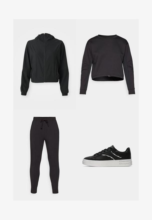 Črna lahka jakna s kapuco in sprednjim zadrgo, dvema stranskima žepoma, elastiko na manšeti in subtilnim logotipom na levem rokavu in zapestju.; Črna majica s kapuco s skrajšanim dizajnom, dolgimi rokavi, okroglim izrezom in stranskimi panelnimi detajli. Narejena iz mehkega, elastičnega materiala. Prilagodljiv spodnji del s vrvico.; Črne trenirke iz mehkega bombaža, z elastičnim pasom in vrvico, zoženimi nogami in stranskimi šivi.; Črne usnjene teniske z belo podlogo, ki imajo tanke srebrne akcenta in vezalni dizajn. Gladka tekstura s logotipom na peti.