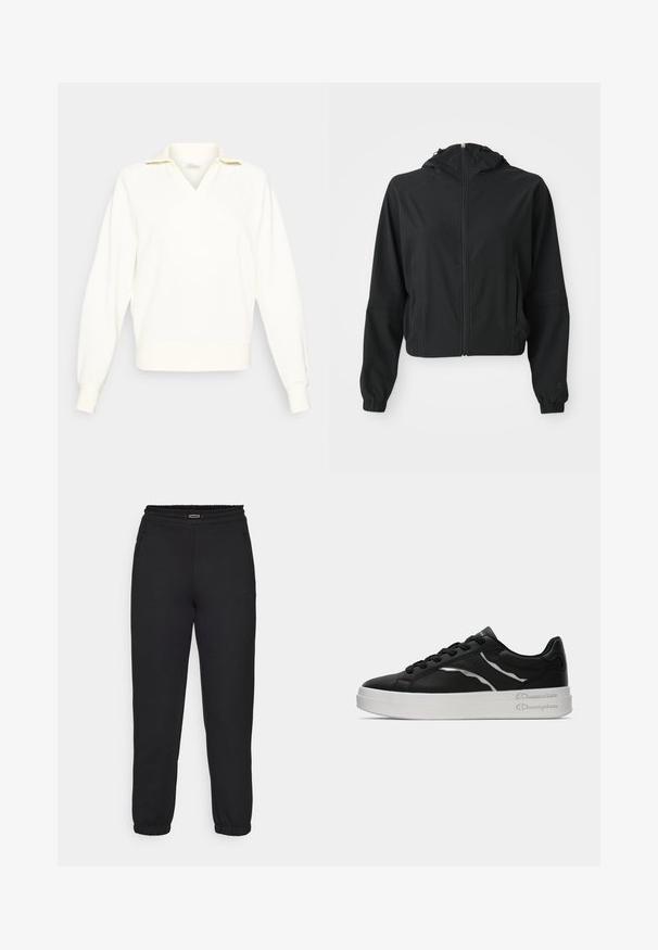 Mustas kerge kapuutsiga jakk esi tõmblukuga, kahe külgtaskuga, elastsete mansettidega ning peene brändimisega vasakul varrukal ja randmel.; Valge pulloveri sviiter V-kaeluse ja lühikese kraega. Omab pikki, veidi puffi varrukaid ja soonikuid hemmi ääres.; Champion C-TECH CUFFED PANTS INTERLOCK - Dresside alumine osa - black; Must musta kingad valge tallaga, õhukeste hõbedaste detailidega ja nööpidega kujundusega. Sile tekstuur ja bränditud detailid kandadel.