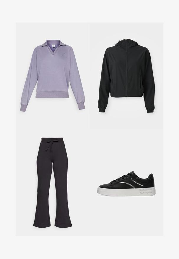 Jaqueta preta leve com capuz, fecho frontal, dois bolsos laterais, punhos elásticos e uma marcação discreta na manga esquerda e no pulso.; Sweatshirt roxo com decote em V e mangas longas, apresentando uma bainha e punhos canelados. Inclui um pequeno logo no lado esquerdo do peito e na manga.; Calças de treino pretas com corte amplo, feitas de um tecido suave, apresentando um cós elástico com cordão e uma textura lisa. Projetadas para conforto e facilidade de uso.; Sapatilha de couro preta com sola branca, apresentando finos realces em prata e design com atacadores. Textura suave com detalhamento de marca na parte de trás.