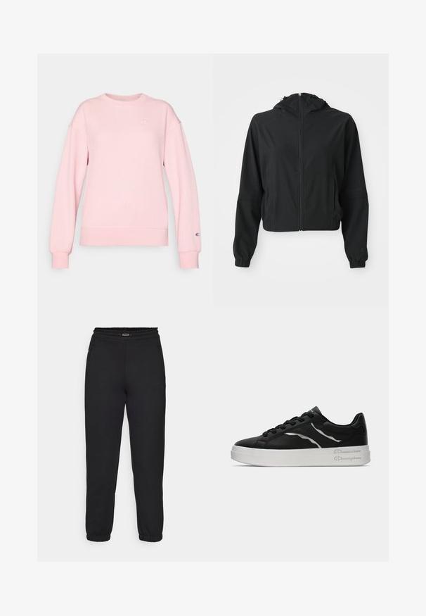 Schwarze, leichte Kapuzenjacke mit Frontreißverschluss, zwei Seitentaschen, elastischen Bündchen und dezentem Branding am linken Ärmel und Handgelenk.; Rosa gerippter Sweatshirt mit langen Ärmeln, Rundhalsausschnitt und Logoemblem auf Brust und Bündchen. Weicher Stoff, tailliert.; Champion C-TECH CUFFED PANTS INTERLOCK - Jogginghose - black; Schwarze Leder-Sneaker mit weißer Sohle, ausgestattet mit dünnen silbernen Akzenten und Schnürdesign. Glatte Textur mit markenspezifischen Details an der Ferse.