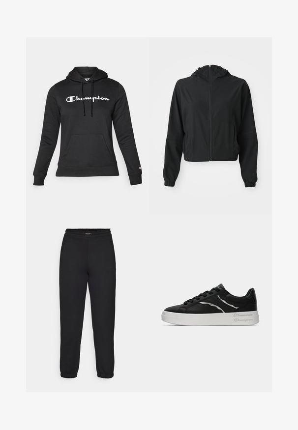 Veste noire légère à capuche avec fermeture éclair à l'avant, deux poches latérales, poignets élastiques et un branding discret sur la manche gauche et le poignet.; Haut à capuche noir en tissu doux, comportant une poche avant, des cordons de serrage et un logo "Champion" blanc bien en vue sur la poitrine.; Champion C-TECH CUFFED PANTS INTERLOCK - Pantalon de survêtement - black; Sneaker en cuir noir avec semelle blanche, présentant de fines accents argentés et un design à lacets. Texture lisse avec un logo sur le talon.