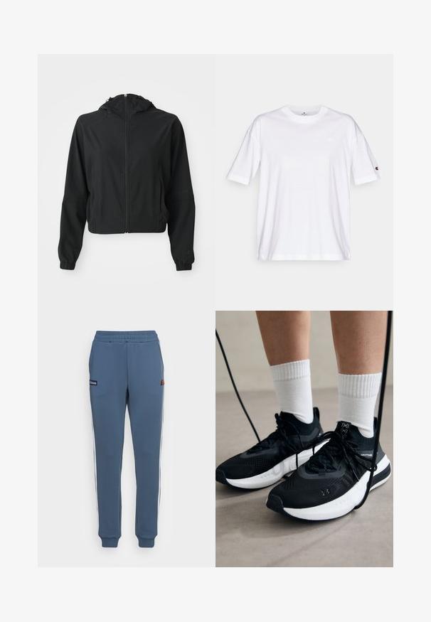 Jaqueta preta leve com capuz, fecho frontal, dois bolsos laterais, punhos elásticos e uma marcação discreta na manga esquerda e no pulso.; T-shirt de algodão branco com decote redondo, mangas curtas e um pequeno logotipo no lado esquerdo do peito. Apresenta um corte descontraído e uma cor sólida.; Ellesse NERVET TRACK PANT - Calças de fato de treino - blue; Sapatilhas desportivas pretas com tecido texturizado, sola branca e atacadores pretos. Usadas com meias brancas caneladas, a pé sobre uma superfície clara.