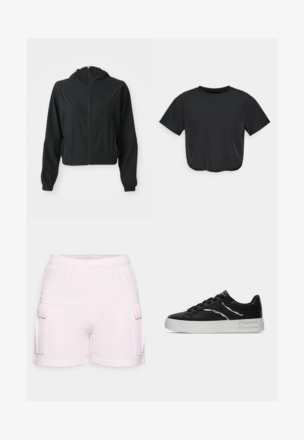 Mustas kerge kapuutsiga jakk esi tõmblukuga, kahe külgtaskuga, elastsete mansettidega ning peene brändimisega vasakul varrukal ja randmel.; Must mustrinda mustel t-särk, mis on valmistatud pehmest materjalist, ümmarguse kaelusega, lühikeste varrukatega ja mugava lõikega. Peened õmblusdetailid.; Kerged heledat roosat puuvillast lühiarja, millel on elastne vöökoht, kaks külgtaskut ja sile tekstuur. Pikkus ulatub üle põlve.; Must musta kingad valge tallaga, õhukeste hõbedaste detailidega ja nööpidega kujundusega. Sile tekstuur ja bränditud detailid kandadel.