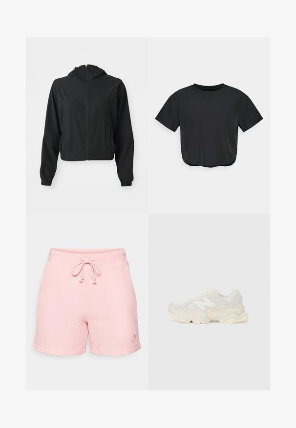Jaqueta preta leve com capuz, fecho frontal, dois bolsos laterais, punhos elásticos e uma marcação discreta na manga esquerda e no pulso.; T-shirt cropped preto feito de material suave, com decote redondo, mangas curtas e um corte descontraído. Detalhes de costura subtis.; Calções rosa com textura canalizada, cintura com cordão, bainhas dobradas e um pequeno detalhe de logótipo na parte inferior. Textura suave e design casual.; Sapatilha leve com um upper em malha e camurça em tons suaves de creme, com uma sola robusta e acentos tridimensionais.