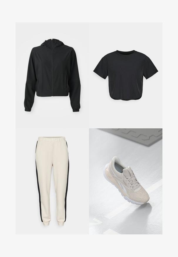 Svart lett hettejakke med frontglidelås, to sidelommer, elastiske mansjetter og subtil merking på venstre erme og håndledd.; Svart croppet t-skjorte laget av mykt materiale, med rund halsutskjæring, korte ermer og en avslappet passform. Subtile sømdetaljer.; Beige joggebukser med sorte sidestriper, elastisk midje og ribbede ankler. Laget av mykt, elastisk materiale, med sidelommer.; Lys beige treningssko med perforert overdel, teksturerte detaljer, polstret krage og hvit gummisåle, designet for komfort og pusteegenskaper.