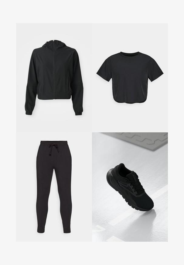 Fekete, könnyű kapucnis dzseki elülső cipzárral, két oldalsó zsebbel, rugalmas mandzsettákkal és diszkrét márkajelzéssel a bal ujján és csuklóján.; Fekete, rövidített póló, puha anyagból készült, kerek nyakkivágással, rövid ujjas és laza szabással. Finom varrási részletek.; Fekete jogger nadrág puha anyagból, rugalmas derékkal és húzózsinórral, szűkülő lábakkal és oldalsó varratokkal.; Fekete sportcipő, hálós felsőrésszel, kerek orral, párnázott talppal és textúrázott díszítésekkel, sima fehér felületen elhelyezve.