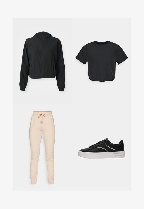 Fekete, könnyű kapucnis dzseki elülső cipzárral, két oldalsó zsebbel, rugalmas mandzsettákkal és diszkrét márkajelzéssel a bal ujján és csuklóján.; Fekete, rövidített póló, puha anyagból készült, kerek nyakkivágással, rövid ujjas és laza szabással. Finom varrási részletek.; Beige szabadidőnadrág, rugalmas derékkal, zsinórral és bordázott mandzsettával. A derékpánt közelében, a bal oldalon egy kis logó található.; Fekete bőr sportcipő fehér talppal, vékony ezüst akcentusokkal és fűzős kialakítással. Sima textúra, márkázott részletekkel a sarkán.