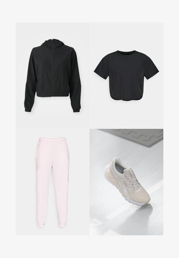 Jachetă ușoară neagră cu glugă, fermoar frontal, două buzunare laterale, manșete elastice și branding subtil pe mâneca stângă și încheietura mâinii.; Tricou scurt negru din material moale, cu guler rotund, mâneci scurte și o croială lejeră. Detalii de cusătură subtile.; Pantaloni de trening roz deschis cu talie ajustabilă, buzunare laterale și manșete elasticizate. Construiți dintr-un material moale și elastic.; Adidașuri bej deschis, cu un superior perforat, accente texturate, guler căptușit și talpă din cauciuc alb, concepute pentru confort și respirabilitate.
