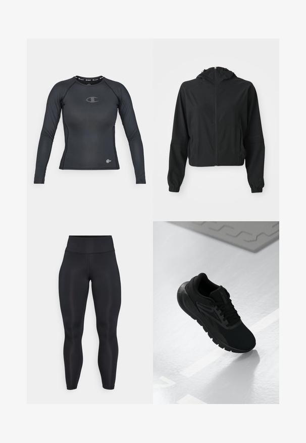 Sort letvægts hættetrøje med frontlynlås, to sidelommer, elastiske manchetter og diskret branding på venstre ærme og håndled.; Sort langærmet træningsskjorte lavet af strækbart materiale, med rund halsudskæring og logo-detalje på brystet og i kanten.; Sorte højtaljede leggings i fuld længde med glat stof og synlige sømdetaljer på fronten og taljebåndet.; Sort atletiksko med en mesh-overdel, rund tå, polstret sål og strukturerede detaljer, placeret på en glat hvid overflade.