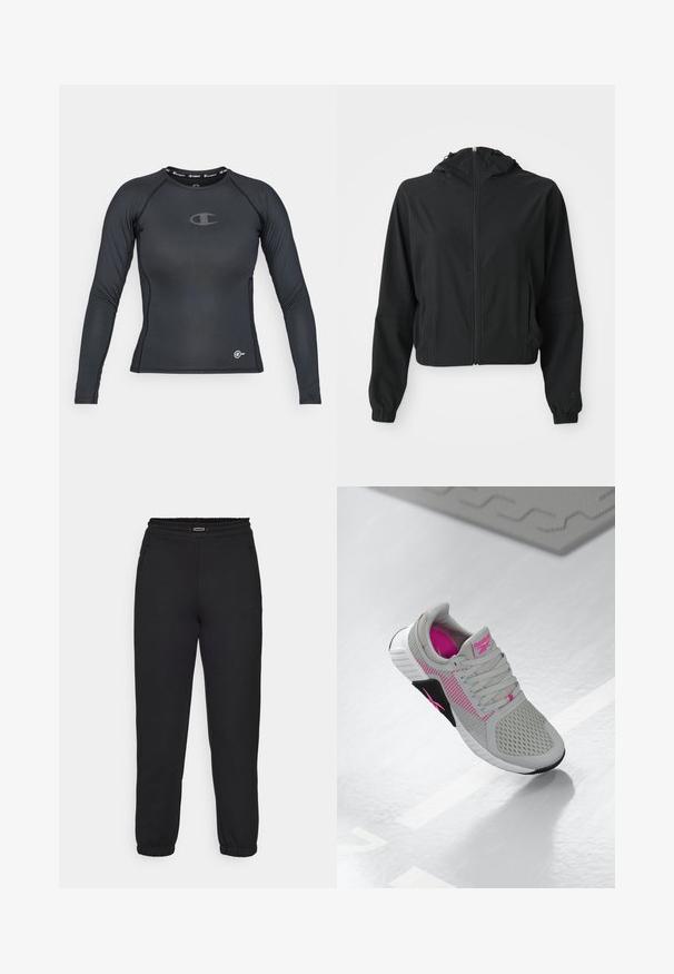 Crna lagana jakna s kapuljačom, prednjim patentnim zatvaračem, dva bočna džepa, elastičnim manžetama i suptilnim brendingom na lijevom rukavu i zapešću.; Crna dugorukava atletska majica od rastezljivog materijala, s okruglim izrezom i detaljem loga na prsima i rubu.; Champion C-TECH CUFFED PANTS INTERLOCK - Donji dijelovi trenirke - black; Sive i ružičaste Reebok atletske tenisice s gornjim dijelom od mrežaste tkanine i detaljnim potplatom, prikazane na reflektirajućoj bijeloj površini.
