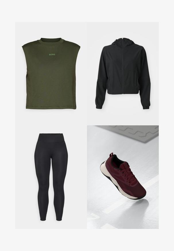 Fekete, könnyű kapucnis dzseki elülső cipzárral, két oldalsó zsebbel, rugalmas mandzsettákkal és diszkrét márkajelzéssel a bal ujján és csuklóján.; Olívazöld, ujjatlan felső puha anyagból, kerek nyakkivágással és a mellkason finom, világosabb zöld "BORG" logóval.; Fekete leggings rugalmas anyagból, magas derékkal, keskeny lábszárral és mandzsettás szegéllyel, sima, matt felülettel.; Bordó sportcipő hálós felsőrészével, fekete részletekkel és párnázott fehér talppal. Fűzős záródással és saroknál húzófüllel rendelkezik.