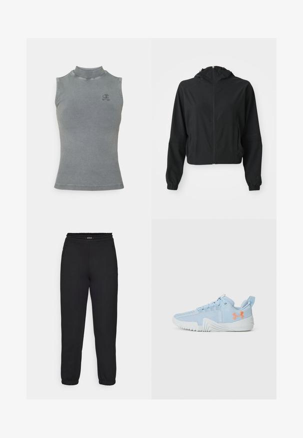 Jaqueta preta leve com capuz, fecho frontal, dois bolsos laterais, punhos elásticos e uma marcação discreta na manga esquerda e no pulso.; Top de malha cinza com decote alto e design sem mangas. Apresenta um pequeno logótipo bordado no peito e uma silhueta ajustada.; Champion C-TECH CUFFED PANTS INTERLOCK - Calças de fato de treino - black; Sapatilha atlética azul clara feita de material em malha com uma sola texturizada, apresentando um logo laranja e um design com atacadores.