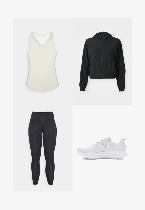 Melnā vieglā kapucēta jakā ar priekšējo rāvējslēdzēju, divām sānu kabatām, elastīgām aprocēm un diskētu apzīmējumu uz kreisās piedurknes un plaukstas.; Gaiši zaļš sporta tērps ar apaļu kakla izgriezumu un sacīkšu atpakaļ dizainu. Izgatavots no gludas elastīgas auduma. Nav redzamu rakstu vai akcentu.; Melnas legingu bikses ar augstu jostasvietu, izgatavotas no gludas, elastīgas materiāla. Iespējas plakanšuvju vīles un pieguļošs, šaurs dizains.; Gai pelēki sporta apavi ar teksturētu virsmu, ar caurumiem, kas nodrošina gaisa cirkulāciju, un gumijas zoli ar izteiktu protektora rakstu.