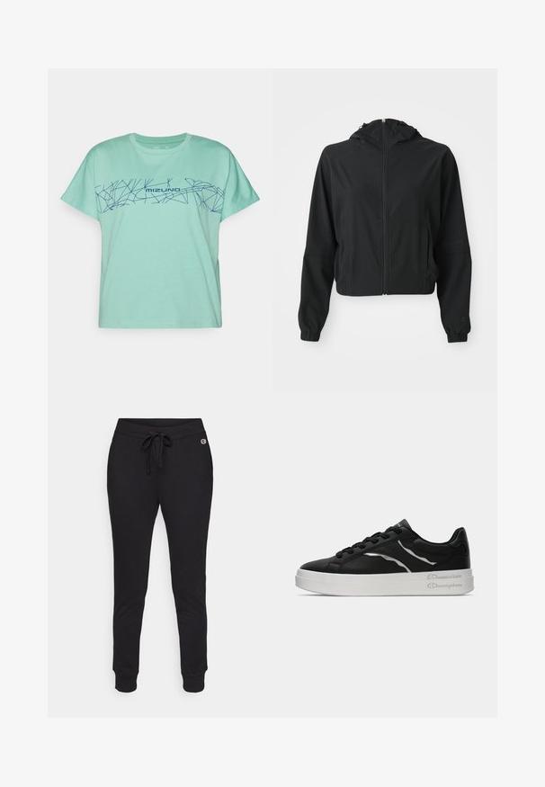 Juodas lengvas striukė su gobtuvu, priekyje su užtrauktuku, dviem šoninėmis kišenėmis, elastinėmis rankovėmis ir subtiliu prekės ženklu kairiajame rankovėje ir rieše.; Mėtų spalvos medvilnės marškinėliai su tamsiai mėlynu geometriniu raštu ir tekstu "MIZUNO" per krūtinę. Trumpomis rankovėmis, apvaliu kaklu.; Juodos sportinės kelnės, pagamintos iš minkštos medžiagos, pasižyminčios reguliuojamu raišteliu liemens srityje ir sutrauktomis rankovėmis, kad būtų patogiai prigludusios. Šonuose esantys logotipai.; Juoda odinė sportinė avalynė su balta padu, turinti plonus sidabrinius akcentus ir raištelių dizainą. Lygus paviršius su prekės ženklo detalėmis ant kulno.