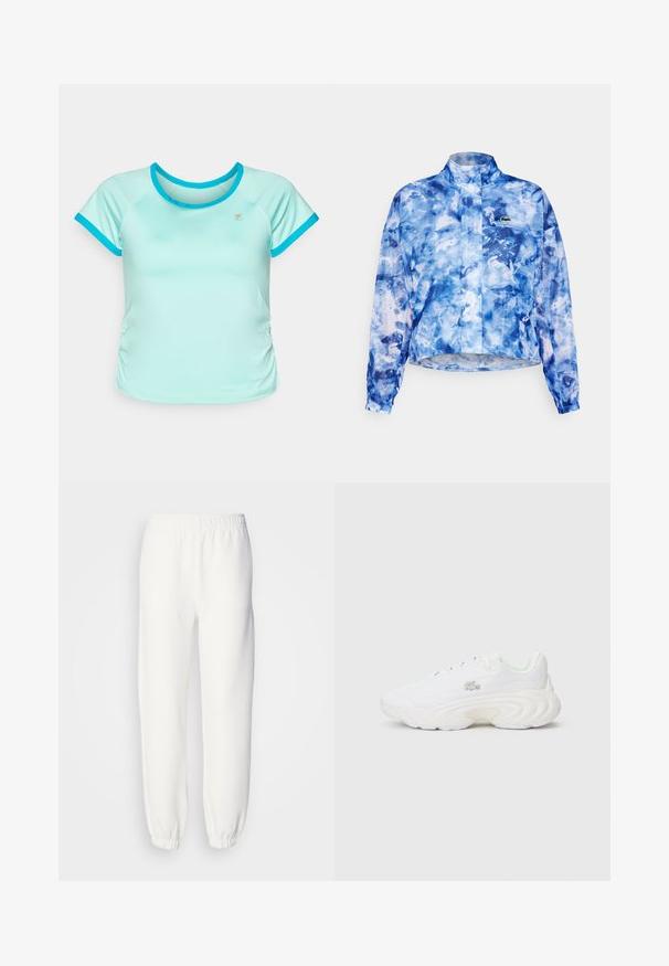 Mėlynas akvarelinio rašto švarkas su aukštu apykaklė, ilgomis rankovėmis, elastinėmis apykaklėmis ir priekiniais užtrauktukais. Ant krūtinės yra logotipas. Lengvas audinys.; Šviesiai mėlyna sportinė marškinėliai su trumpomis raglan struktūros rankovėmis, apvaliu iškirpimu ir kontrastinėmis turkio spalvos detalėmis. Šonuose yra susiraukšlėjimo detalės.; Balti sportiniai džinsai, pagaminti iš minkštos, megztos medžiagos. Elastinga juosta ir rankogaliai suteikia patogų prigludimą. Minimalistinis dizainas, be matomų raštų ar akcentų.; Baltos sportinės avalynės su tekstūruotu paviršiumi, išryškintu pado dizainu, raištelių uždarymu ir mažo logotipo detale. Lygus ir lengvas konstrukcija.