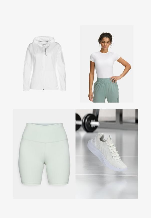 White zip-up hoodie made of lightweight material, featuring a hood, elastic cuffs, and a black logo detail on the lower left side.; White fitted t-shirt with short sleeves, paired with light green elastic waistband pants. Smooth texture, minimalist design, and no visible patterns.; High-rise fitted shorts in light mint green, made of stretchy fabric. Features seamless design and smooth texture.; White athletic sneaker with a textured mesh upper and lacing system, featuring a cushioned white sole and subtle ribbed accents.