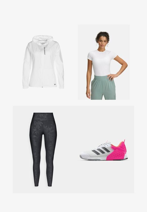 Biely zipsový mikina vyrobená z ľahkého materiálu, s kapucňou, elastickým manžetami a čiernym logom na dolnej ľavej strane.; Biely priliehavý tričko s krátkymi rukávmi, kombinované s nohavicami so svetlozeleným elastickým pásom. Hladká textúra, minimalistický dizajn a žiadne viditeľné vzory.; Čierne legíny s tonálnym kvetinovým vzorom, so zvýšeným pásom a priliehavým dizajnom, vyrobené z elastického materiálu vhodného na aktívne nosenie.; Biele športové topánky so sivými pruhmi, sieťovinovým zvrškom a ružovou pätou a akcentmi. Obsahujú textúrovanú pätu a gumovú podrážku. Šnúrky a vypolstrovaný golier.