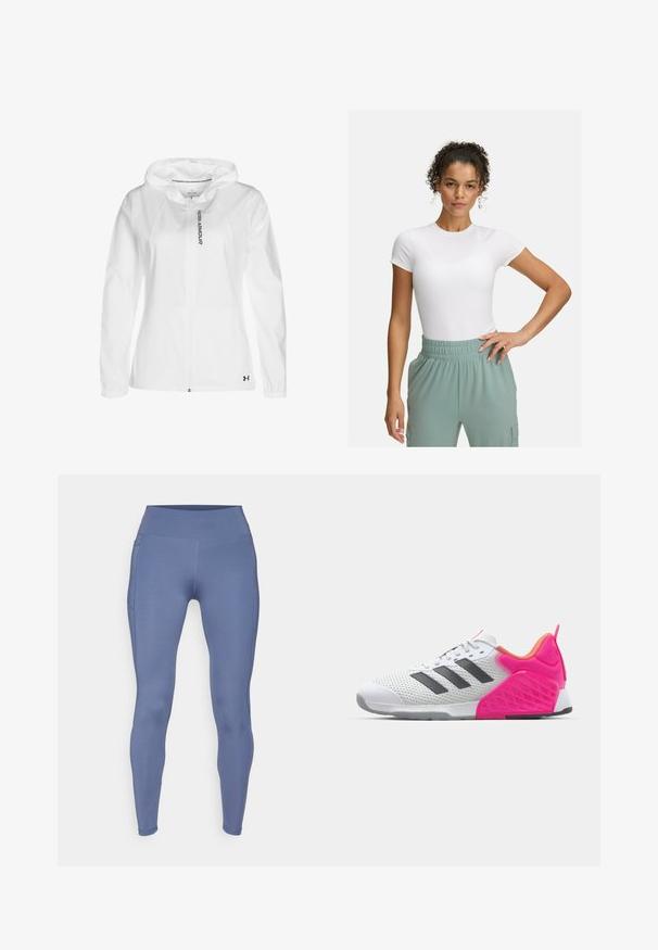 Valkoinen vetoketjullinen huppari, joka on valmistettu kevyestä materiaalista. Tässä hupparissa on huppu, elastiset hihansuut ja musta logo yksityiskohtana vasemmalla alareunassa.; Valkoinen muotoiltu t-paita lyhyillä hihoilla, yhdistettynä vaaleanvihreisiin joustaviin vyötäröhousuihin. Sileä pinta, minimalistinen muotoilu ja ei näkyviä kuvioita.; ONLY Play ONPJAM-2-FONT - Trikoot - vintage indigo; Valkoinen urheilukenkä, jossa on harmaat raidat, verkkomateriaali päälliosassa ja vaaleanpunaiset kantapää ja yksityiskohdat. Varustettu teksturoidulla kantapäällä ja kumipohjalla. Nyörit ja pehmustettu kaulus.