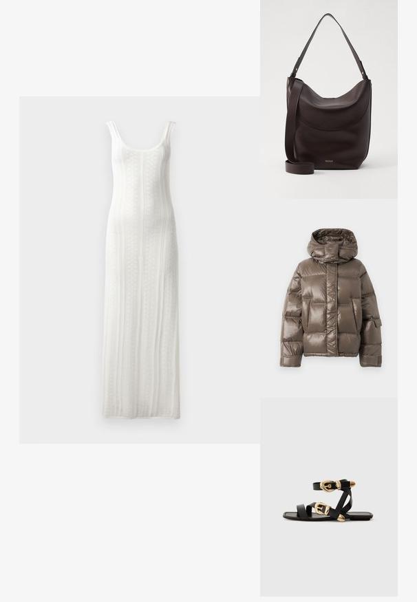 Jachetă umplută maro, cu guler înalt, având un finisaj lucios, buzunare frontale mari și o formă ușor supradimensionată.; Rochie maxi albă tricotată, cu decolteu rotund, textură ribbed și bretele late. Prezintă un model cu dungi verticale și o siluetă dreaptă.; Sandale din piele neagră cu accente aurii pe catarame, având mai multe curele și un design cu talpă plată pentru purtare cu degetele la vedere.; Geantă de umăr din piele maro închis, cu o siluetă curbată, curea ajustabilă și un logo subtil auriu. Textură netedă, cu accente minime.