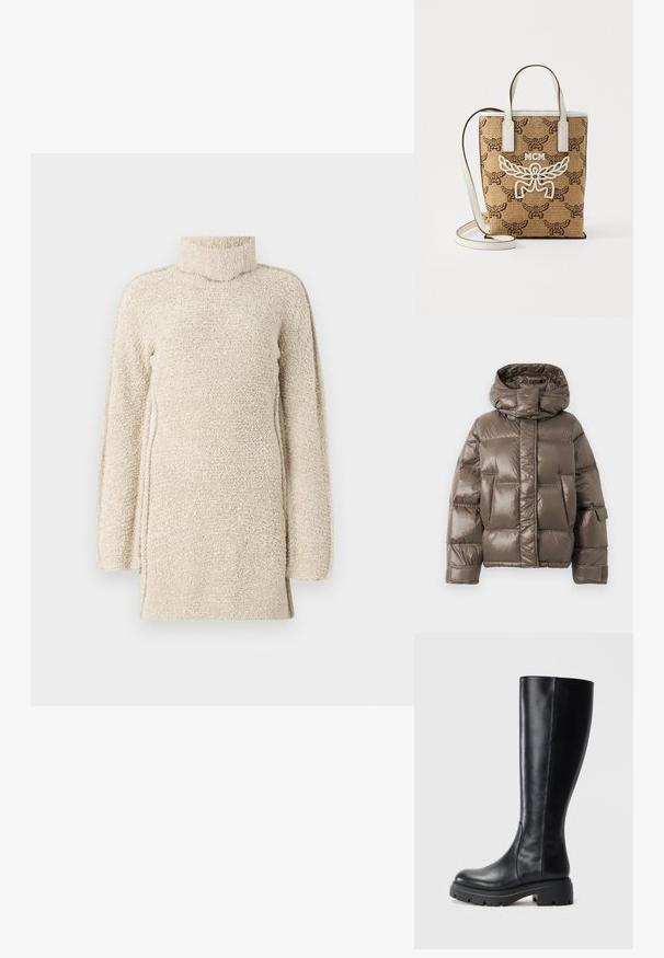 Brahns pildīta jaka ar augstu apkakli, ar spīdīgu apdari, lielām priekšējām kabatām un nedaudz pārmērīgu formu.; Beidzis pūkains tunika ar augstu apkakli un garām piedurknēm. Tam ir teksturēta virsma un sānu šķirbes vieglākai kustībai.; Melnas ceļgalu augstas zābaki, kas izgatavoti no gludas ādas, ar noapaļotu purngalu un masīvu gumijas zoli ar zobratu rakstiem, kas nodrošina saķeri.; Brūna austā soma ar detalizētu rakstu; baltas ādas akcenti; MCM logo baltā krāsā; īsas rokturi un noņemama plecu siksna.