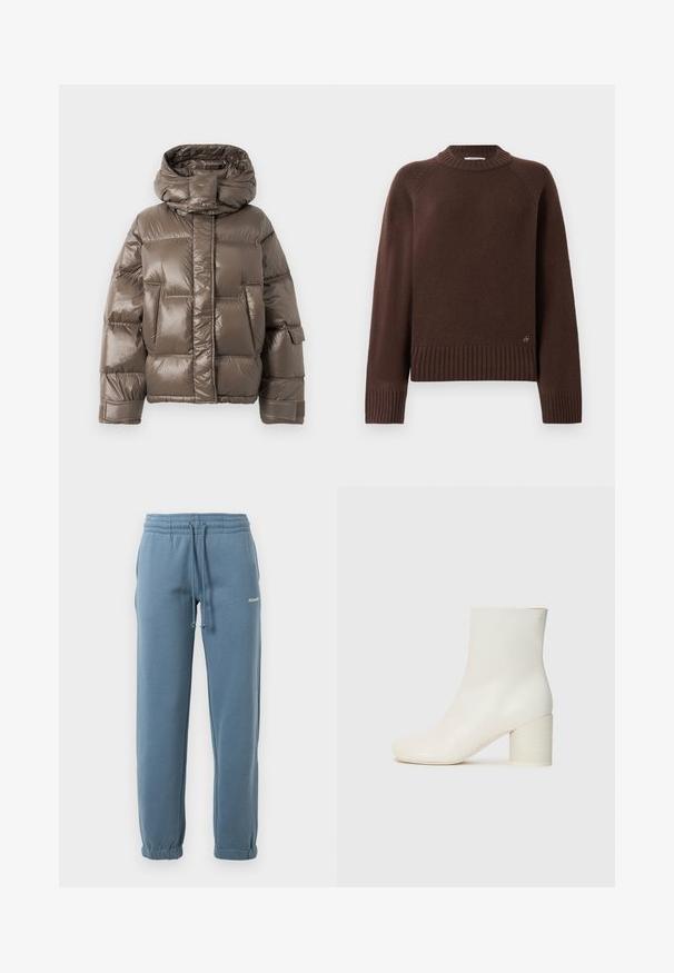 Ruskea pehmustettu takki korkealla kauluksella, joka on kiiltävä pinnaltaan, suurilla etutaskuilla ja hieman ylisuurella muodolla.; Tummanruskea villapaita, jossa on ribbireunat hihansuissa, helmassa ja kauluksessa. Paidassa on pieni metallilogo alas helmassa yksinkertaisella taustalla.; Siniset joustavat vyötäröjöhovat, joissa on säädettävä nauha, sivutaskut, joustavat hihnat ja pieni valkoinen logo vasemmassa reidessä.; Valkoinen nahkainen nilkkuri, jossa on pyöreä kärki ja jykevä sylinterimäinen korko. Tasainen pinta, минималистinen muotoilu, ei näkyviä metalliosia tai kuvioita.