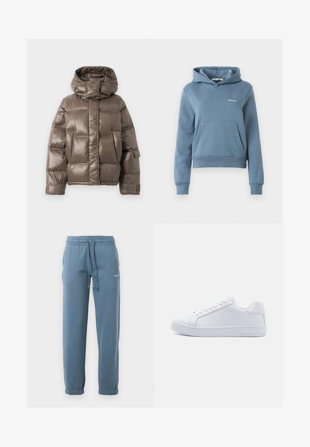 Veste rembourrée marron avec un col haut, présentant une finition brillante, de grandes poches avant et une coupe légèrement oversize.; Haut de survêtement bleu court avec poche kangourou à l'avant et petit logo blanc "Holzweiler" sur la poitrine gauche, poignets et ourlet côtelés.; Pantalons joggers bleu à taille élastique avec cordon de serrage ajustable, poches latérales, poignets élastiques et petit logo blanc sur la cuisse gauche.; Baskets basses en cuir blanc avec bout rond, semelle en caoutchouc plate et détail de logo sur le côté. Comprend six paires d'œillets et des accents texturés.