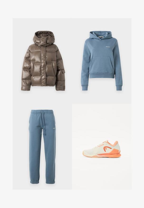 Brun vadderad jacka med hög krage, med en glänsande yta, stora framfickor och en något oversize passform.; Blå kortärmad hoodie med framficka och liten vit "Holzweiler"-logotyp på vänster bröst, ribbade muddar och fåll.; Blå joggerbyxor med elastisk midja och justerbar snörning, sidofickor, elastiska muddar och en liten vit logo på vänster lår.; Tennissko i ljus krämfärg med strukturerad mesh-överdel, persikoaccenter och distinkt logotyp. Har en flexibel gummisula för bra grepp.