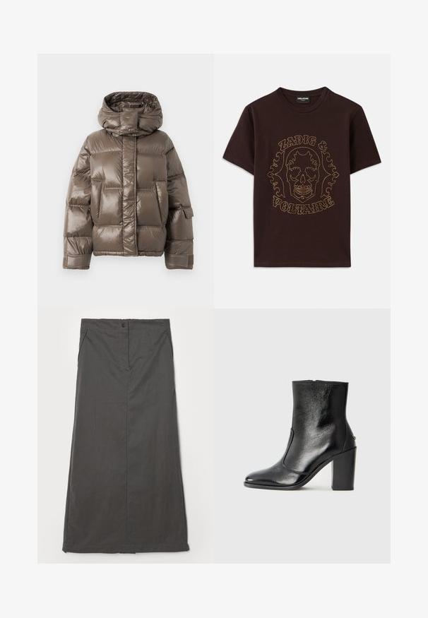 Barna párnázott dzseki magas gallérral, fényes felülettel, nagy első zsebekkel és enyhén oversized szabással.; Fekete pamut póló, arany szegecsekkel körbefuttatott koponya grafikával, "Zadig & Voltaire" felirattal, rövid ujjú és kerek nyakkivágású.; Szürke szoknya könnyű anyagból, egyenes fazonnal, elülső zsebekkel, egysoros gombzárral és finom varrási részletekkel.; Fekete bőr bokacipő sima textúrával, hegyes orral és vastag, magas sarkával. Oldalnyílással és minimalista dizájnnal rendelkezik.