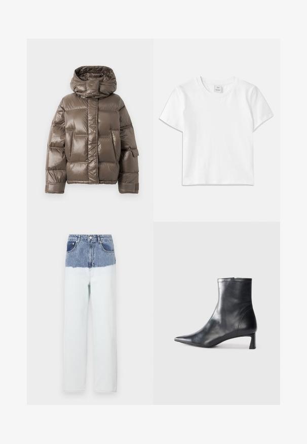 Brown padded jacket with a high collar, featuring a glossy finish, large front pockets, and a slightly oversized shape.; White cotton t-shirt with a crew neck, short sleeves, and a straight hem. Tag labeled "Won Hundred" at the center of the neckline.; Denim jeans with a blue top section fading into a lighter blue lower section. Features five pockets, a button closure, and straight leg design.; Black leather ankle boot with a pointed toe and a sleek design. Features a low heel and a zipper closure at the back. Smooth texture.