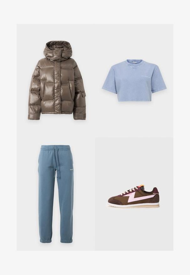Brown padded jacket with a high collar, featuring a glossy finish, large front pockets, and a slightly oversized shape.; Cropped light blue t-shirt made of soft fabric, featuring short sleeves, a round neckline, and a small graphic print on the front.; Blue elastic-waist jogger pants with adjustable drawstring, side pockets, elastic cuffs, and small white logo on left thigh.; Brown and purple sneaker featuring a pink design accent, suede and textile materials, flat laces, and a contrasting white sole.