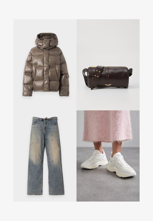 Brown padded jacket with a high collar, featuring a glossy finish, large front pockets, and a slightly oversized shape.; Long-sleeve, light beige top with a round neckline. Made of soft fabric, features a central seam and slightly curved hem. No visible hardware.; Light blue denim jeans with a loose, straight-leg design. Features whiskering, fading, and distressed details near knees. Classic five-pocket style.; White sneakers with mesh and leather materials, rounded toe, and cushioned sole. Features laces and brand name on tongue.; Brown crocodile-embossed leather bag with a cylindrical shape, gold-tone hardware, and a detachable strap featuring studs.