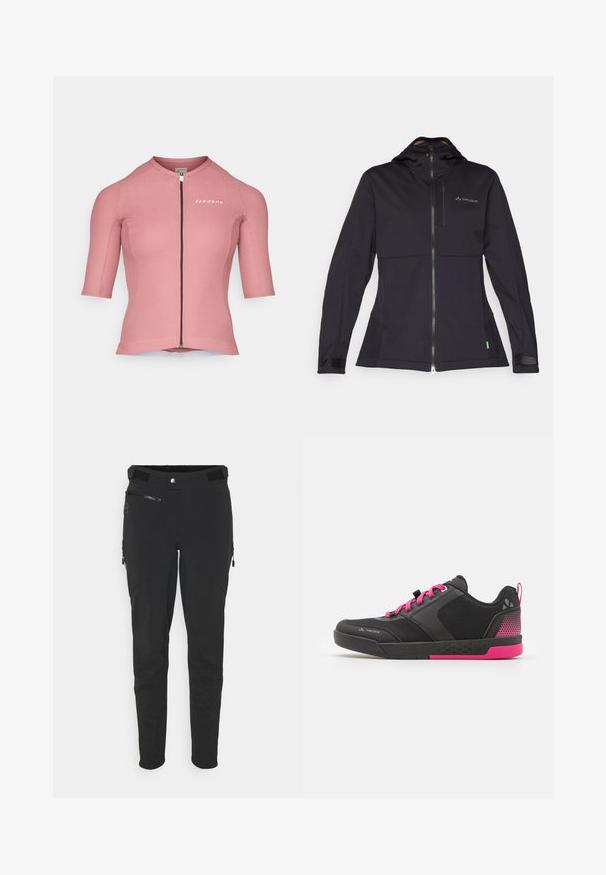 Zwarte softshell jas met capuchon, voorzien van een rits aan de voorkant, elastische manchetten en een logo op de borst. Gladde textuur, op maat ontworpen.; Roze fietsshirt met korte mouwen en een ritssluiting. Geribbelde textuur en aansluitend ontwerp. Kenmerkt logo op de linkerkant van de borst.; Zwarte outdoorbroeken van rekbaar materiaal, met ritszakken, een slim fit en een gladde textuur met versterkte kniestukken.; Zwarte sportschoen met roze accenten, beschikt over een bovenwerk van mesh, een gevoerde kraag en een gestructureerde rubberen zool. De veters zijn felroze.