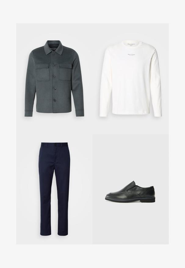 Dark grey jacket made of soft fabric, featuring a button-up front, two chest pockets, and a collared neckline with folded cuffs.; Long-sleeve white cotton t-shirt. Features a crew neck and small black logo text centered on the chest. Soft texture, casual design.; Navy blue trousers made of cotton blend. Features a straight leg, a waistband with a belt loop, and a front button closure.; Black leather slip-on shoe with a smooth upper, stitched accents, rounded toe, and a low rubber heel. Sole features minimal tread.