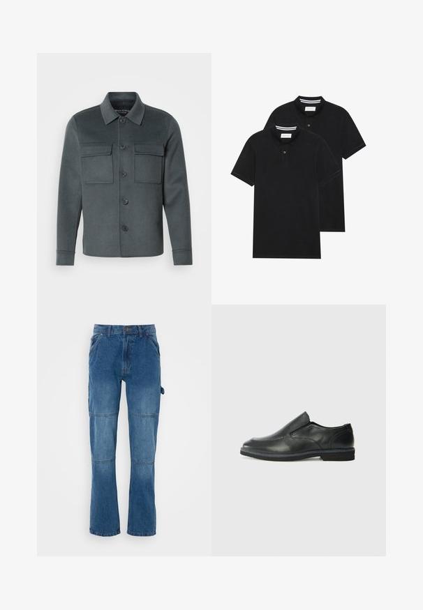 Dark grey jacket made of soft fabric, featuring a button-up front, two chest pockets, and a collared neckline with folded cuffs.; Two black polo shirts, short-sleeved, cotton material, featuring a classic collar, two-button placket, and white striped accents inside the collar.; Blue denim pants with a straight leg design, featuring seam detailing and a button closure. Fabric shows a faded wash with a smooth texture.; Black leather slip-on shoe with a smooth upper, stitched accents, rounded toe, and a low rubber heel. Sole features minimal tread.