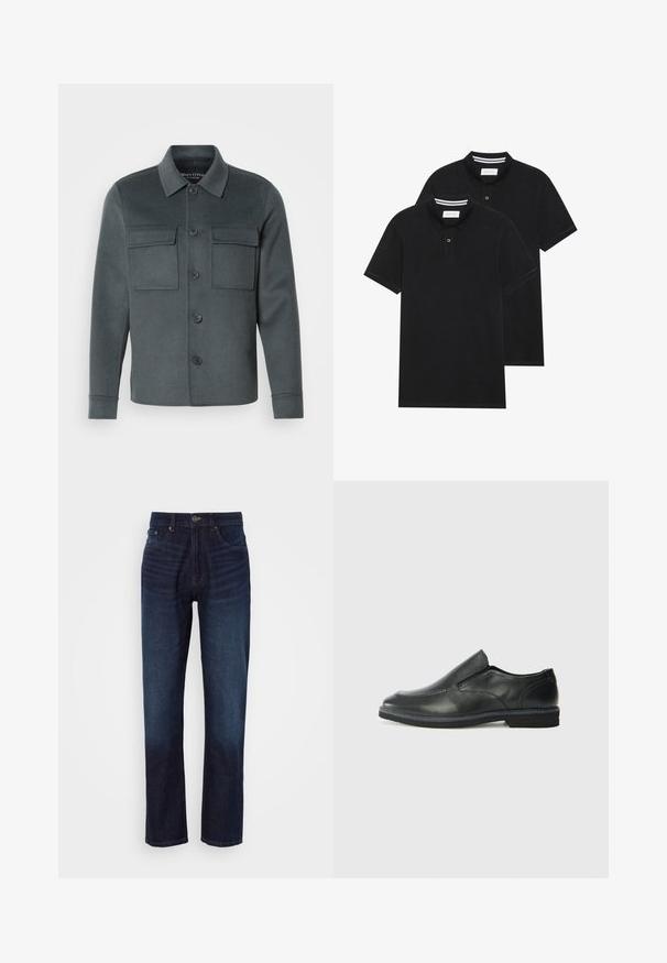 Tmavošedá bunda vyrobená z mäkkej tkaniny, s predným zapínaním na gombíky, dvoma náprsními vreckami a golierom s prehnutými manžetami.; Dvé čierne polo tričká, krátke rukávy, vyrobené z bavlny, s klasickým golierom, dvojitým gombíkom a bielymi pruhmi vo vnútri goliera.; Tmavo modré džínsy s rovnými nohavicami, so zipsom, piatimi vreckami a vyblednutými miestami na prednej strane pre kontrast.; Čierny kožený nazúvací topánka s hladkým zvrškom, prešitými akcentmi, zaoblenou špičkou a nízkym gumovým podpätkom. Podošva má minimálny dezén.