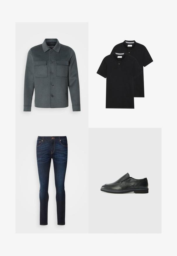 Dark grey jacket made of soft fabric, featuring a button-up front, two chest pockets, and a collared neckline with folded cuffs.; Two black polo shirts, short-sleeved, cotton material, featuring a classic collar, two-button placket, and white striped accents inside the collar.; Dark blue denim jeans with a slim fit, featuring five pockets, contrast stitching, and a standard zip fly with button closure.; Black leather slip-on shoe with a smooth upper, stitched accents, rounded toe, and a low rubber heel. Sole features minimal tread.