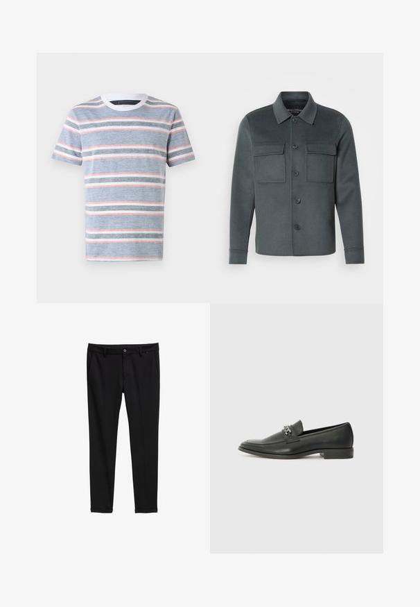 Mørkegrå jakke lavet af blødt stof, med knaplukning foran, to brystlommer og en krave med foldede manchetter.; Stribet t-shirt i blå, med vandrette striber i hvid, grå og lyserød. Rund halsudskæring og korte ærmer, lavet af letvægtsstof.; Sorte bukser i glat stof med en flad front, sidelommer og optrukne manchetter. Subtil nålestribet detalje synlig.; Sorte læder loafers med en glat finish, der har et syet design og et dekorativt metal kædeaccent hen over vamps. Flad hæl.