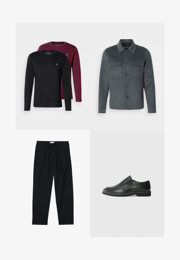 Tummanharmaa takki, joka on valmistettu pehmeästä kankaasta, sisältäen napitettavan etuosan, kaksi rintataskua ja kauluksen, jossa on taitettavat hihansuut.; Kaksi pitkähihasta t-paitaa: yksi musta, toinen burgundinpunainen. Molemmissa on pyöreä kaula-aukko, pehmeää puuvillamateriaalia ja pieni brodeerattu logo rinnassa.; Pier One Chinot - black; Musta nahkainen liukujalkine, jossa on sileä pinta, ommeltuja yksityiskohtia, pyöristetty kärki ja matala kumipohja. Pohjassa on minimaalinen pito.