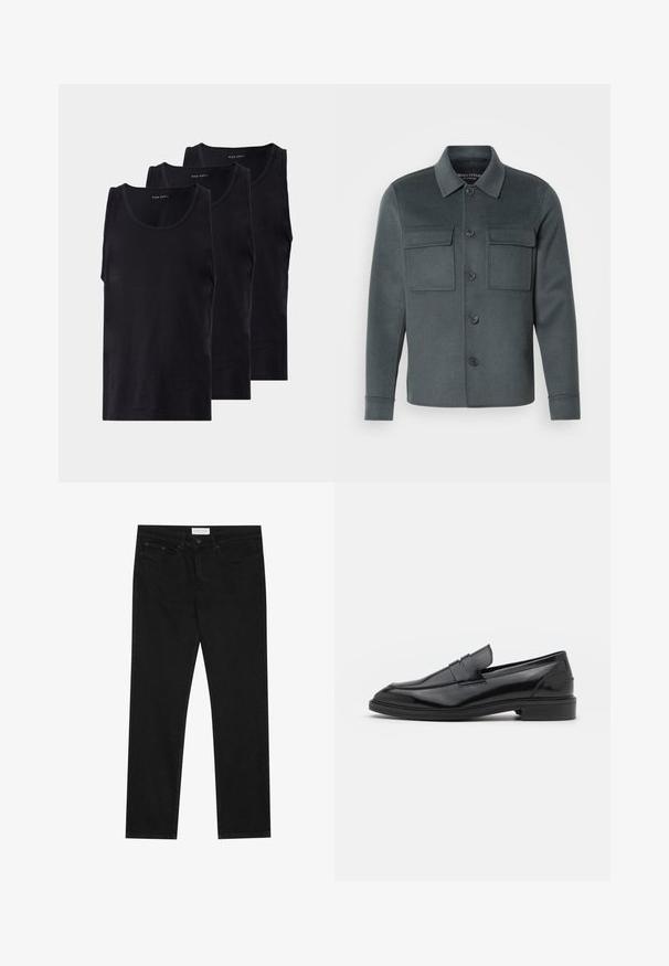 Tumehall, pehmest kangast jakke, millel on nuppe edaspidi, kaks rinnataskut ja kraed, mille varrukad on üleskeeratud.; Mustaline mustad puuvillased tank topid kolmes pakis, ümmarguse kaeluse ja varrukateta disainiga, sileda tekstuuri ja klassikalise lõikega.; Mustad mustad jalad, viie taskuga disain, nööbiga ja lukuga kinnine, ning Pier One brändi silt vööl.; Mustad nahast loafers, millel on sile viimistlus, ümar varvas ja kitsas riba peal. Madal kühveldatud konts.