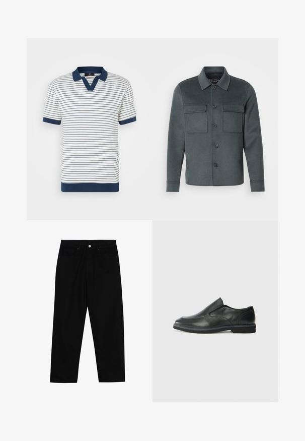 Dunkelgraue Jacke aus weichem Stoff, mit knöpfbarem Vorderteil, zwei Brusttaschen und einem Kragen-Ausschnitt mit umgeschlagenen Manschetten.; Gestreiftes Baumwollpolo-Shirt mit vertikalen navy- und weißen Streifen, navyfarbenem Kragen und Ärmeln sowie V-Ausschnitt-Design. Weiche Textur.; Schwarze Jeans mit geradem Schnitt, Fünf-Taschen-Design und einem vorderen Knopfverschluss. Glatte Textur mit minimalen Nähten.; Schwarze Leder-Slipper mit glattem Obermaterial, gesteppten Akzenten, runder Zehenpartie und niedrigem Gummiabsatz. Die Sohle hat ein minimales Profil.