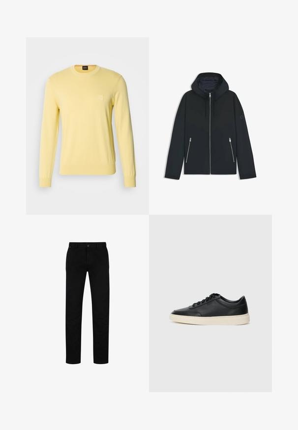 Schwarze Kapuzenjacke mit einem kontrastierenden geometrischen Design, ausgestattet mit einem Reißverschluss und zwei seitlichen Taschen mit silbernen Reißverschlüssen. Glatte Stoffoberfläche.; Gelber Strickpullover mit Rundhalsausschnitt und langen Ärmeln. Verfügt über ein kleines quadratisches Logo auf der Brust. Glatte Textur und taillierte Passform.; Schwarze Baumwollhosen mit geradem Schnitt, featuring einen Knopfverschluss, Gürtelschlaufen und minimalistischem Design. Glatte Textur, ohne Muster.; Schwarzer niedriger Ledersneaker mit schwarzen Schnürsenkeln und cremefarbenem Sohlenrand, seitlich auf weißem Hintergrund dargestellt.