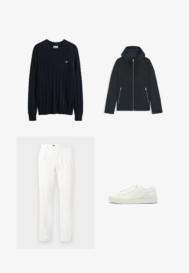 Czarna, kapturowa kurtka z kontrastowym geometrycznym wzorem, z zamkiem błyskawicznym i dwoma bocznymi kieszeniami ze srebrnymi suwakami. Gładka faktura materiału.; Granatowy sweter z warkoczowym wzorem, z prążkowanym dekoltem i brzegiem, z małym logo na piersi. Wykonany z miękkiego, teksturowanego materiału.; Białe spodnie z płaskim przodem, dwiema zakładkami i zapięciem na guzik. Wykonane z lekkiego materiału, z prostymi nogawkami i podwiniętymi mankietami.; Białe skórzane sneakersy z fakturowaną cholewką, okrągłym czubkiem, minimalistycznym designem i gumową podeszwą z przeszyciami.