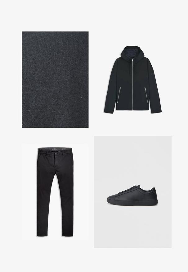 Black hooded jacket with a contrasting geometric design, featuring a zip closure and two side pockets with silver zippers. Smooth fabric texture.; Black cotton fabric with a smooth texture, featuring a consistent knit pattern and no visible embellishments or hardware details.; Black cotton chinos with a tapered fit, featuring five pockets, belt loops, and a smooth texture. Zip fly with a button closure.; Black sneakers made of smooth leather with a low-top design, round toe, and flat rubber sole. Features laces and subtle branding.
