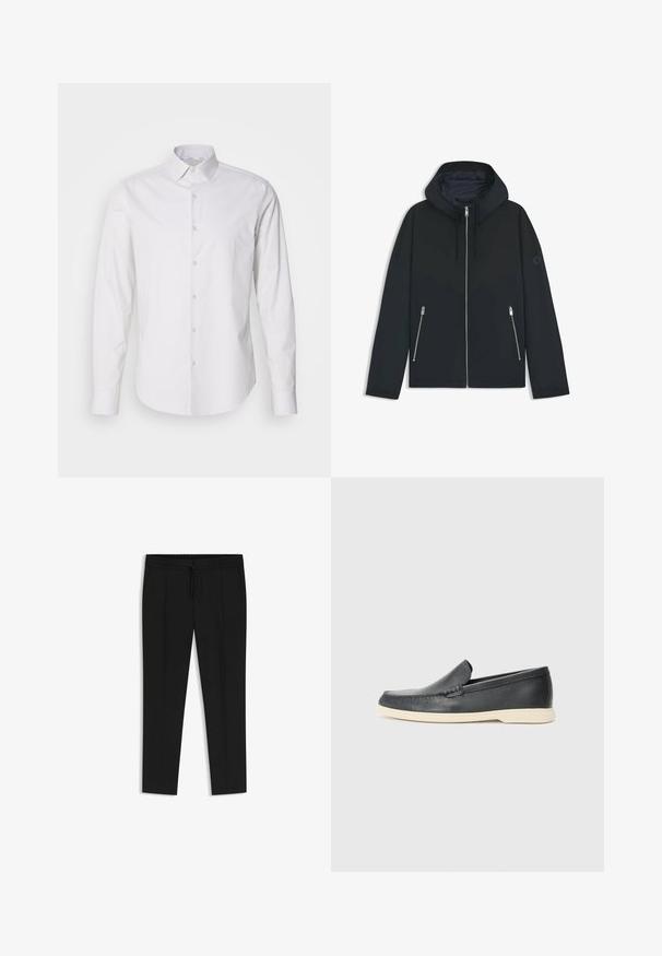 Black hooded jacket with a contrasting geometric design, featuring a zip closure and two side pockets with silver zippers. Smooth fabric texture.; White long-sleeve shirt with a pointed collar, button-up front, made from a smooth fabric. Features a subtle striped texture.; Black trousers with a drawstring waist, pleated front, tapered legs, and smooth fabric texture. No additional patterns or details.; Black leather slip-on loafers with a textured finish and a contrasting beige rubber sole. Features a subtle accent along the front.