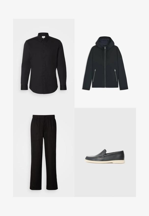 Zwarte hooded jacket met een contrasterend geometrisch ontwerp, voorzien van een ritssluiting en twee zijzakken met zilveren ritsen. Soepele stoftextuur.; Zwarte lange mouwen shirt gemaakt van een gladde stof, voorzien van een puntige kraag, knoopsluiting aan de voorkant en een subtiel logo op de borst.; Zwarte broek met een relaxte pasvorm, gemaakt van lichte stof. Voorzien van een elastische tailleband, knoopsluiting en twee zijzakken.; Zwarte leren instappers met een gestructureerde afwerking en een contrasterende beige rubberen zool. Beschikt over een subtiele accent langs de voorkant.