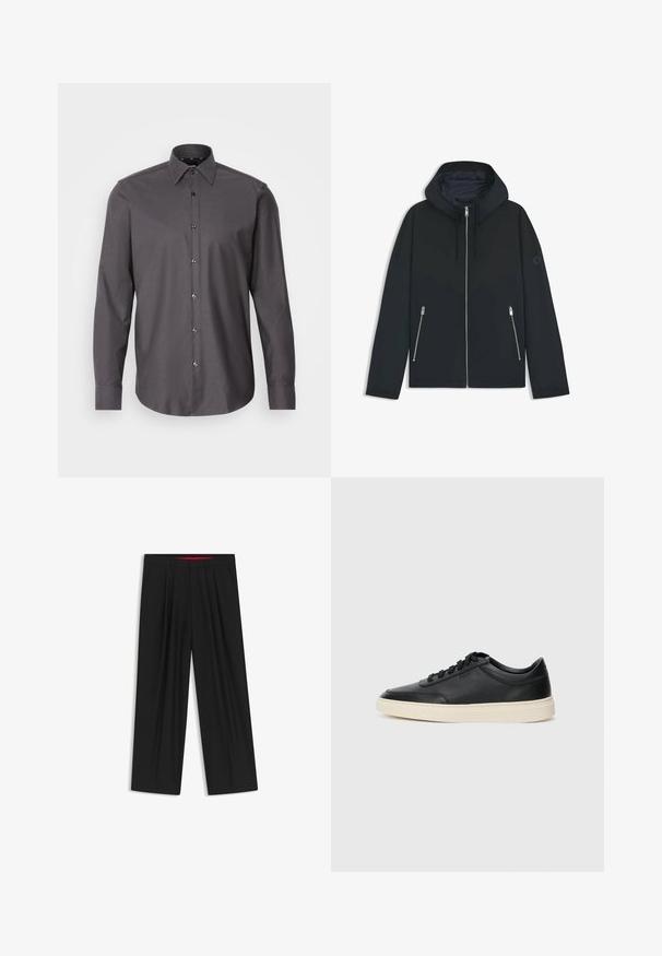 Svart huva jacka med en kontrasterande geometrisk design, med dragkedjestängning och två sidfickor med silverdragkedjor. Släta tygstruktur.; Mörkgrå skjorta med knappar och långa ärmar, krage och liten textur. Har glänsande knappar och en rundad nederkant.; Svarta vida byxor med slät front, två sidofickor, veckad design och en kontrasterande röd midjeresår.; Svart låg skor i läder med svarta snören och off-white sula, visas i sidoprofil på vit bakgrund.