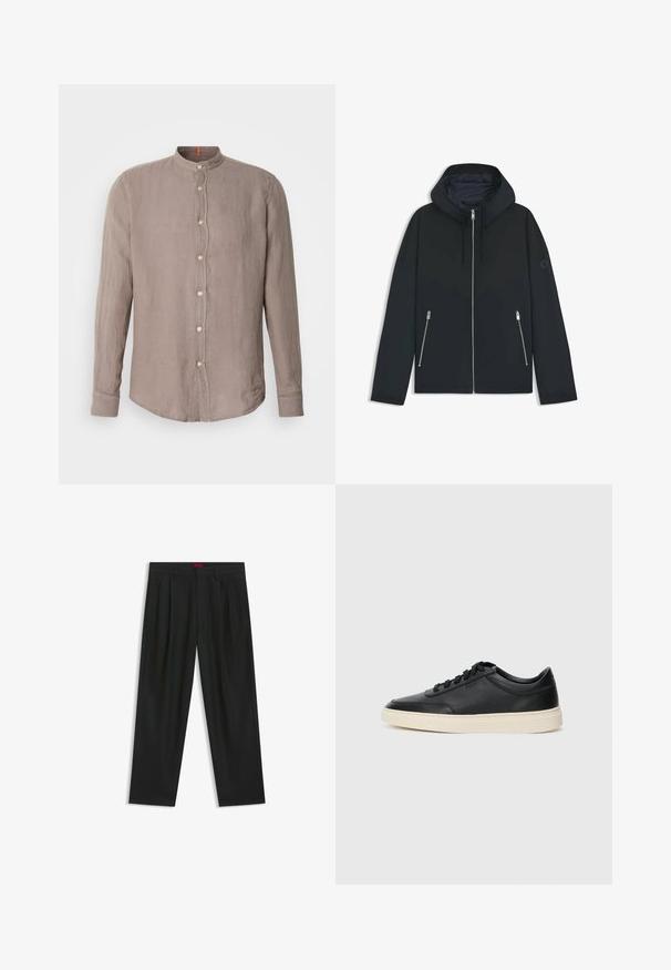 Zwarte hooded jacket met een contrasterend geometrisch ontwerp, voorzien van een ritssluiting en twee zijzakken met zilveren ritsen. Soepele stoftextuur.; Lange mouwen shirt in taupe linnen met een mandarinokraag, voorzien van een knopenfront en subtiele textuur, ontworpen met een gebogen zoom.; Zwarte broek met een geplooid ontwerp, wijde pijpen en een zachte textuur. Voorzien van een rode taillebandlabel.; Zwarte leren sneaker met lage schacht, zwarte veters en off-white zool, weergegeven in zijprofiel op een witte achtergrond.