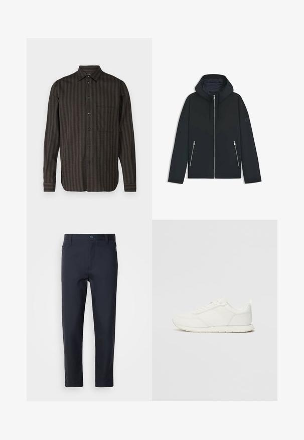 Schwarze Kapuzenjacke mit einem kontrastierenden geometrischen Design, ausgestattet mit einem Reißverschluss und zwei seitlichen Taschen mit silbernen Reißverschlüssen. Glatte Stoffoberfläche.; Langarmshirt im dunkelgrünen Karomuster, mit durchgehender Knopfleiste, einer Brusttasche, aus strukturiertem Stoff mit dezenten Streifen.; Hose in Marineblau, tailliert, aus glattem Stoff, mit einem Reißverschlussfach, geraden Beinen und einem Knopfverschluss am Bund.; Weißer Sneaker mit einem Obermaterial aus Mesh und Synthetik, runder Zehenform, flachen Schnürsenkeln und einem strukturierten Seitenstreifen. Gummisohle mit einer Lasche hinten.